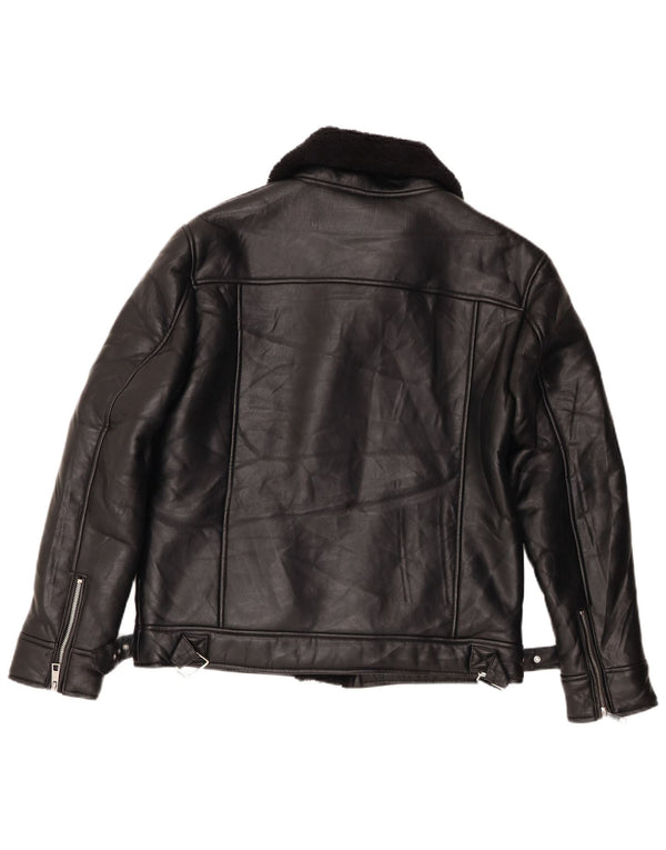 Zara Womens Sherpa Biker Jacket UK 14 Medium Black Polyester