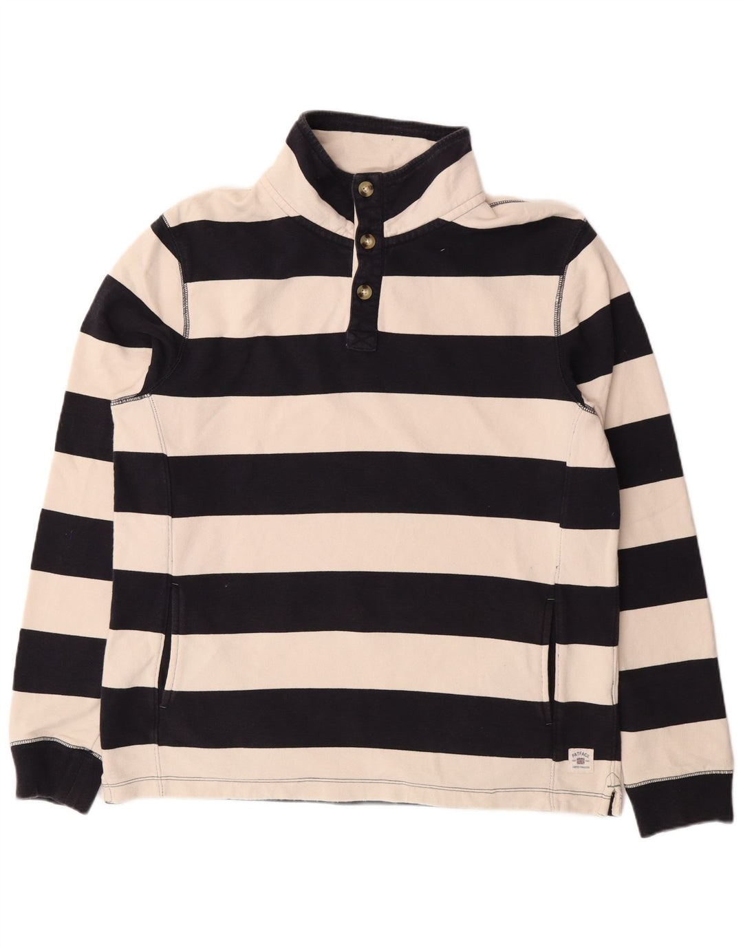 FAT FACE Mens Button Neck Sweatshirt Jumper Medium Navy Blue Striped