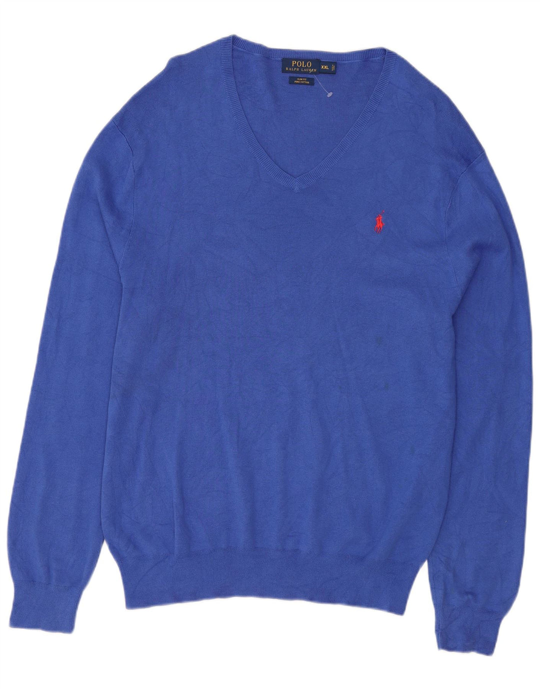 Polo Ralph Lauren Mens Slim Fit V-Neck Jumper Sweater 2XL Blue Cotton