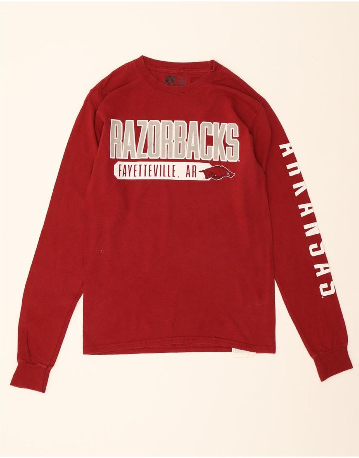 RUSSELL ATHLETIC Mens Graphic Top Long Sleeve Small Burgundy Vintage Russell Athletic and Second-Hand Russell Athletic from Messina Hembry 