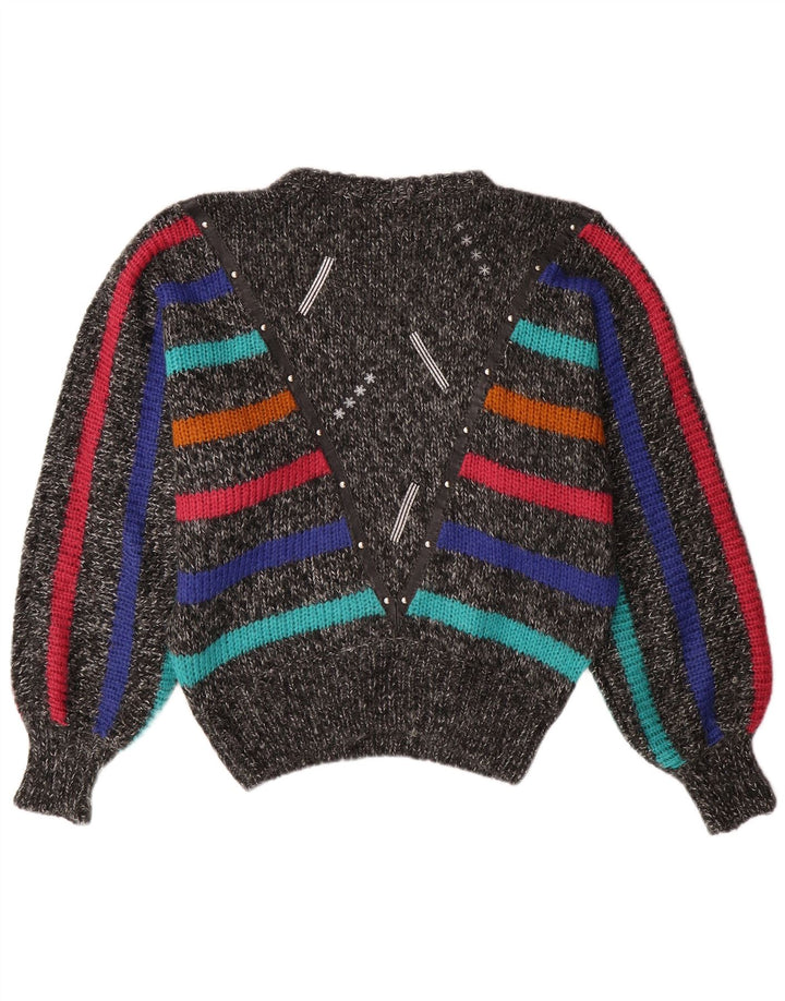 VINTAGE Womens Batwing Crew Neck Jumper Sweater UK 14 Medium Grey Striped