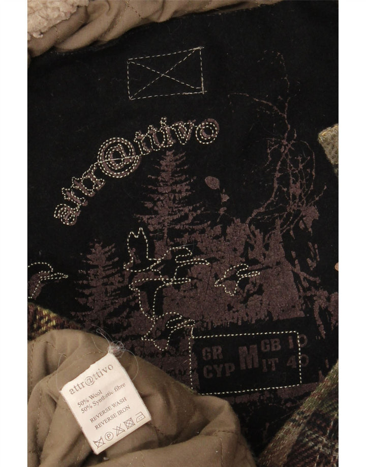 Vintage Womens Oversized Hooded Duffle Coat UK 10 Small Khaki Check Wool