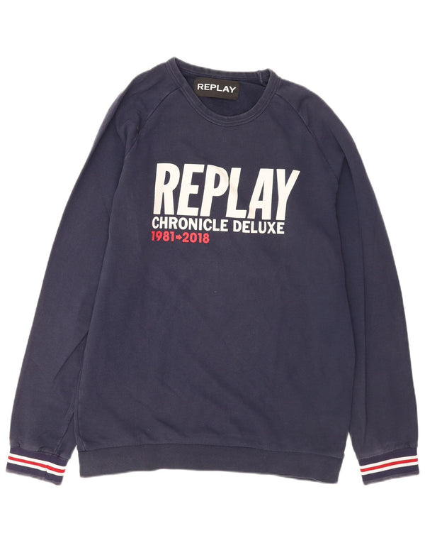 Replay Mens Graphic Sweatshirt Jumper XL Navy Blue Cotton