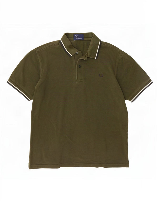 Fred Perry Mens Polo Shirt Large Khaki Striped Cotton