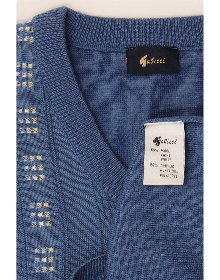 Gabicci Mens V-Neck Jumper Sweater Medium Blue Geometric Wool