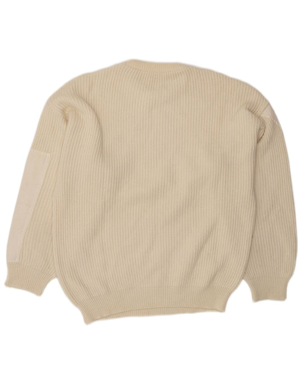 Vintage Mens Crew Neck Jumper Sweater Large Beige Colourblock Wool