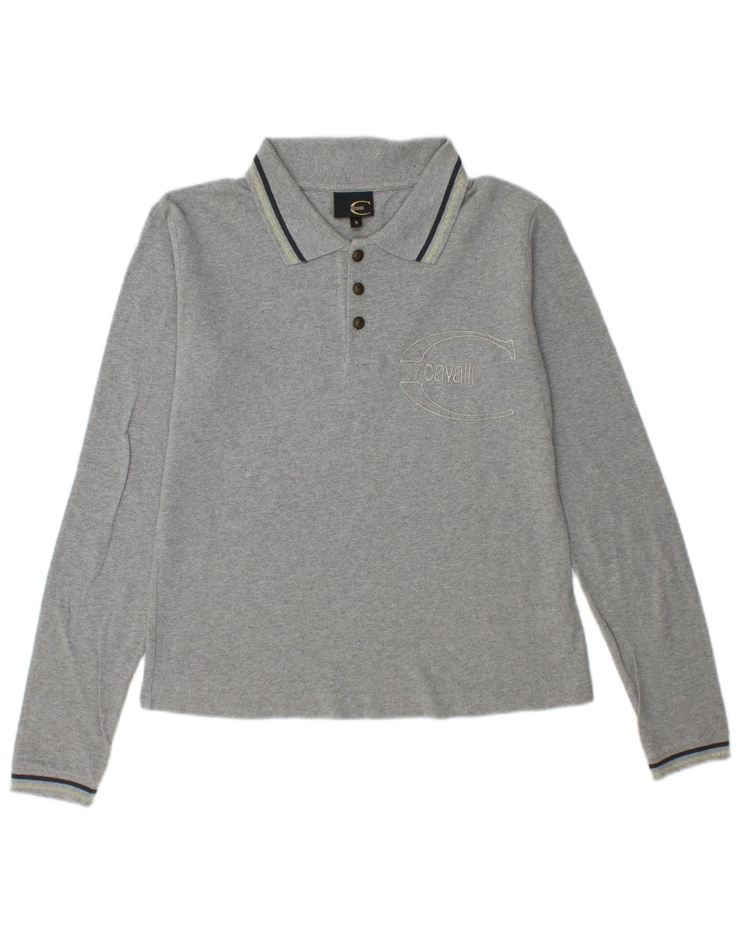 JUST CAVALLI Womens Graphic Long Sleeve Polo Shirt UK 10 Small Grey Cotton