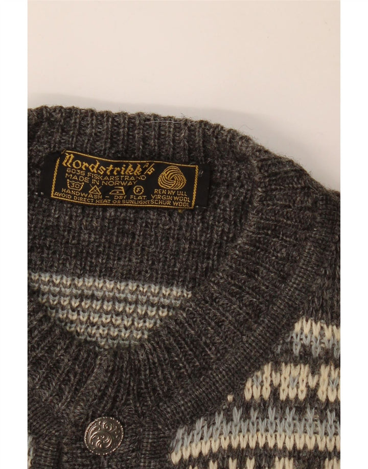 NORDSTRIKK Mens Cardigan Sweater Small Grey Fair Isle Virgin Wool