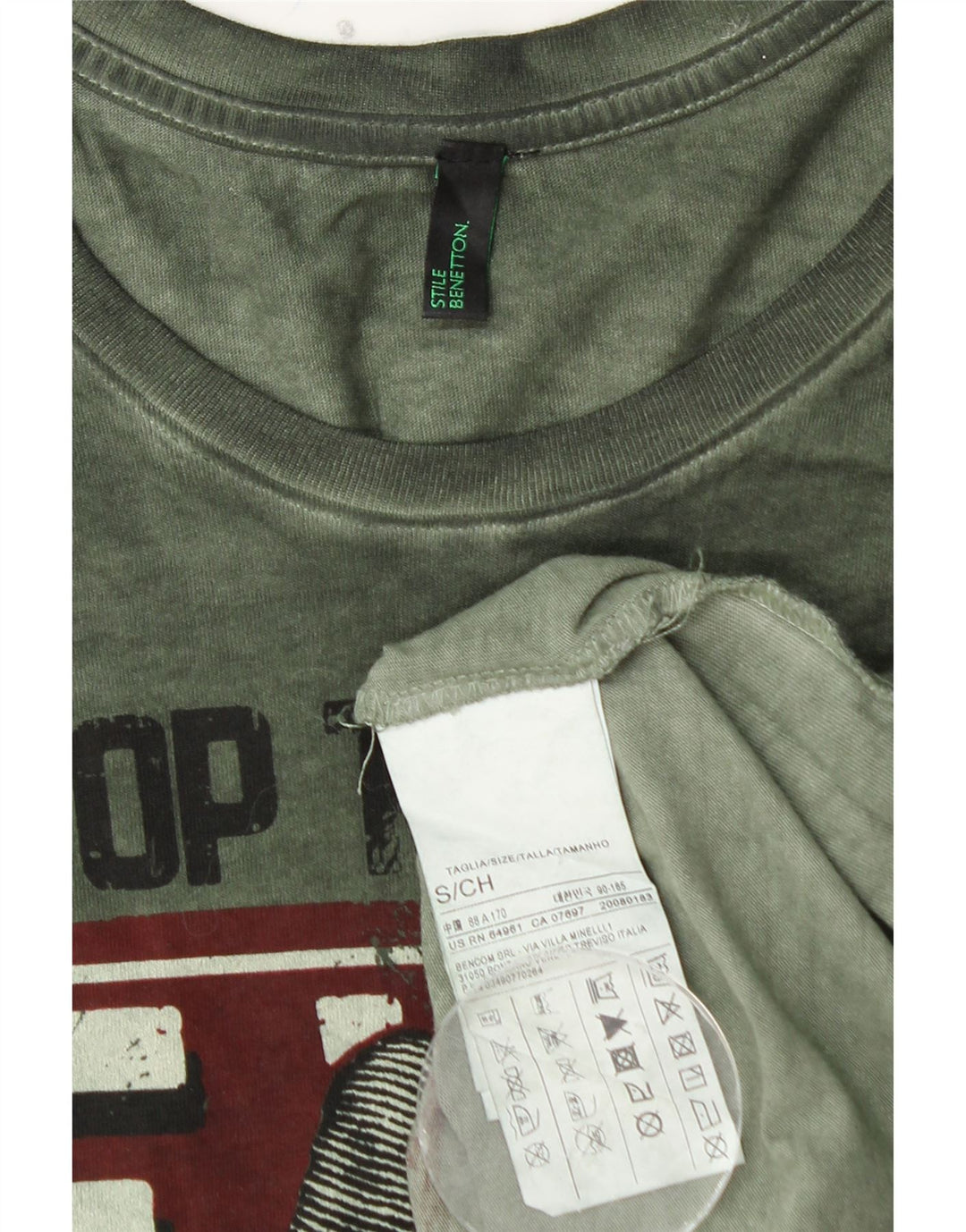 BENETTON Mens Graphic Top Long Sleeve Small Green Cotton