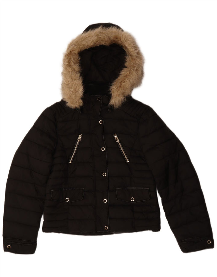 Zara Womens Hooded Padded Jacket UK 14 Medium Black Polyester