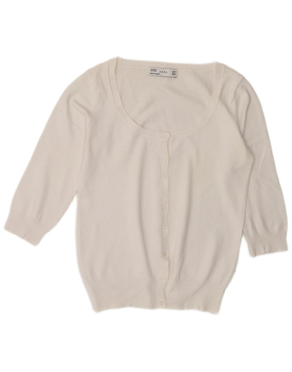 Zara Womens 3/4 Sleeve Cardigan Sweater UK 14 Medium White Cotton