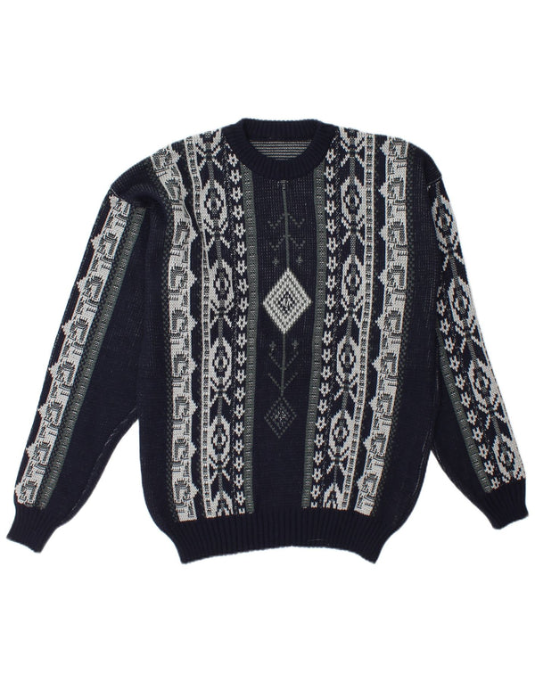 Vintage Mens Crew Neck Jumper Sweater Large Navy Blue Fair Isle