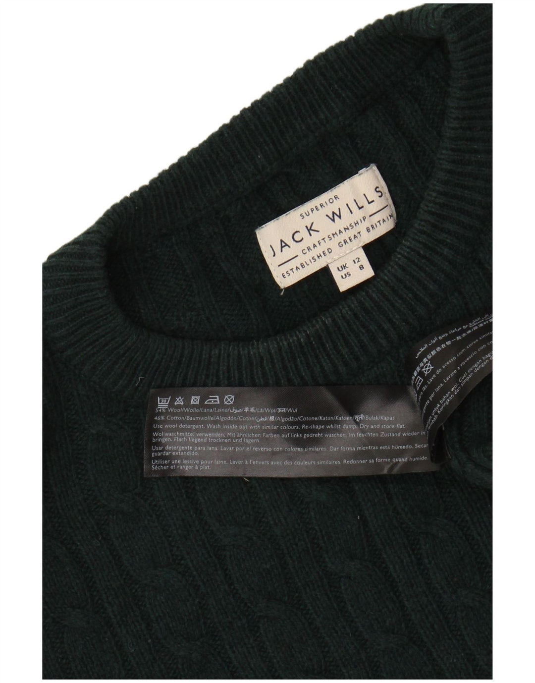 JACK WILLS Womens Crop Crew Neck Jumper Sweater UK 12 Medium Green Wool