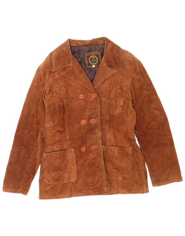 Vintage Womens Suede Double Breasted Coat UK 16 Large Brown Leather