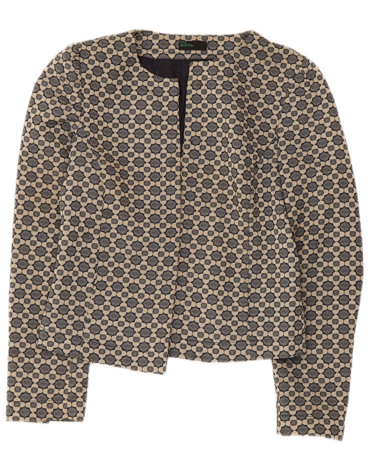 BENETTON Womens Crop Open Blazer Jacket UK 10 Small Grey Floral Polyester