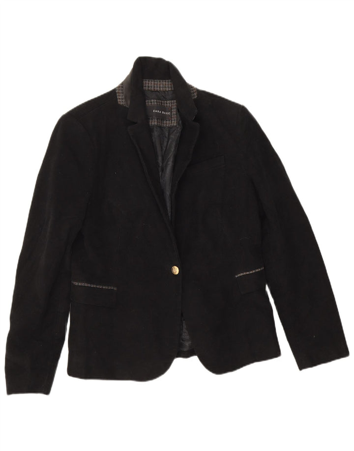 Zara Womens 1 Button Blazer Jacket UK 14 Large Black Cotton