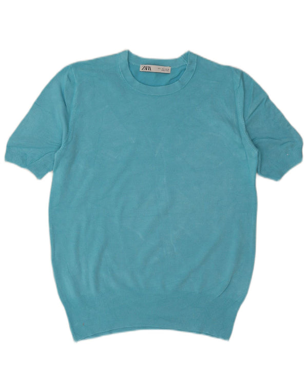 Zara Womens Short Sleeve Crew Neck Jumper Sweater UK 14 Large Blue