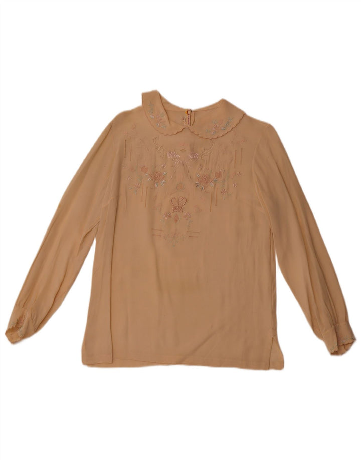VINTAGE Womens Long Sleeve Shirt Blouse EU 36 Small Beige Floral Silk
