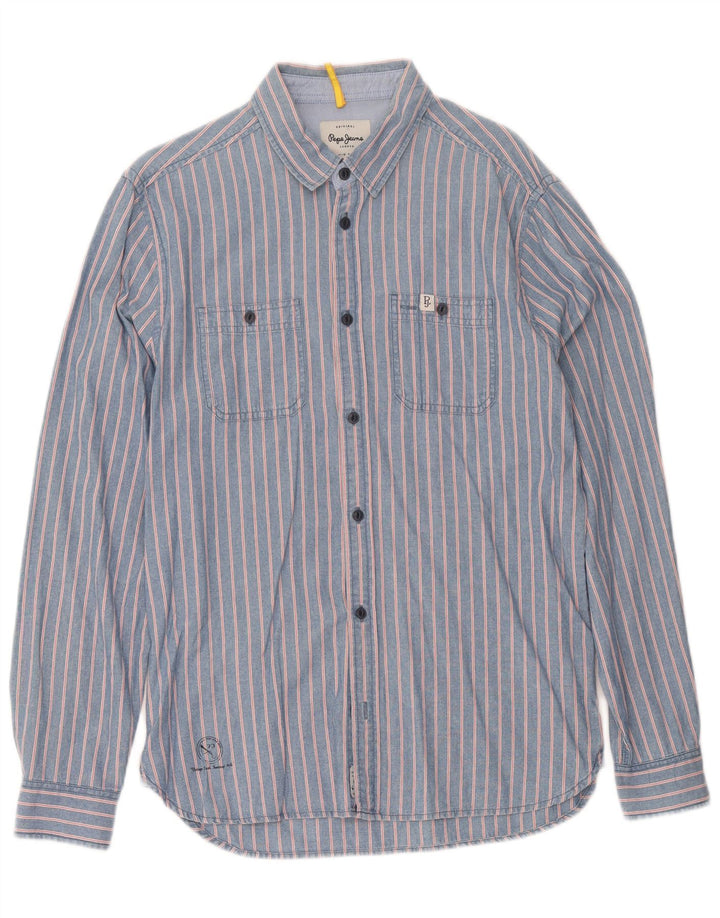 PEPE Jeans Mens Denim Shirt Medium Blue Pinstripe Cotton