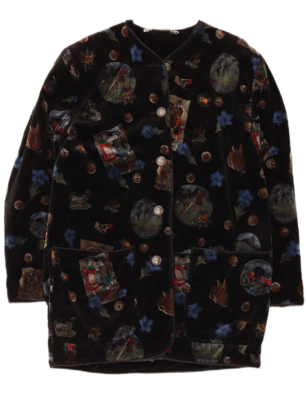 Vintage Womens Graphic Velvet Overcoat UK 12 Medium Black Floral