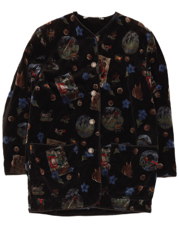 Vintage Womens Graphic Velvet Overcoat UK 12 Medium Black Floral