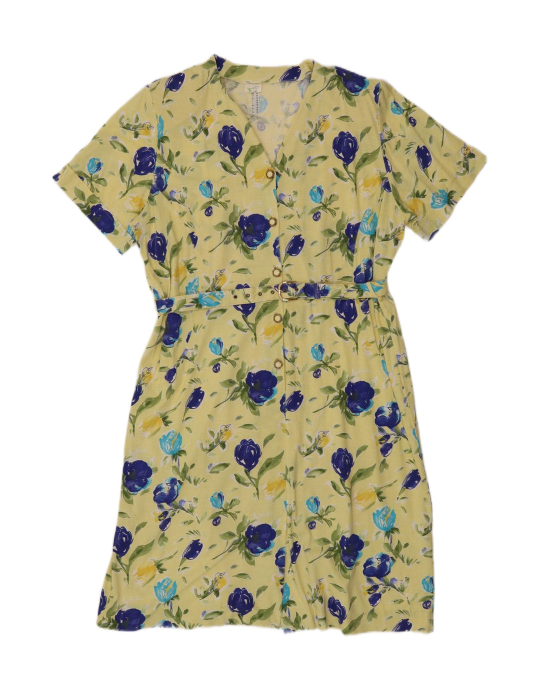 VINTAGE Womens Short Sleeves Shirt Dress UK 18 XL  Yellow Floral Cotton
