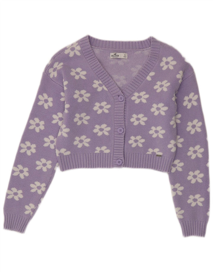 HOLLISTER Womens Crop Cardigan Sweater UK 10 Small Purple Floral Cotton