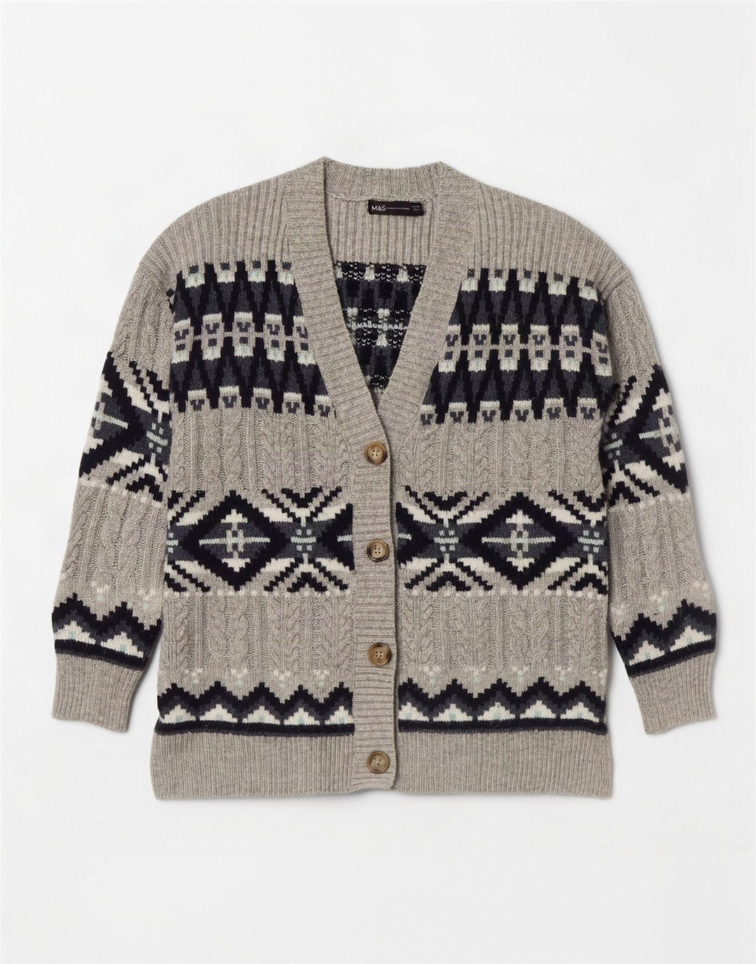 Marks & Spencer Womens Cardigan Sweater UK 14 Medium Grey Fair Isle