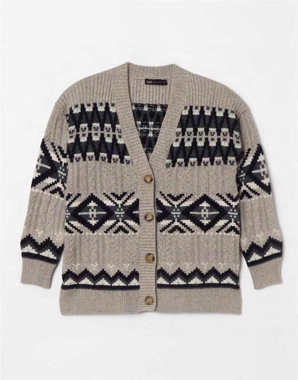 Marks & Spencer Womens Cardigan Sweater UK 14 Medium Grey Fair Isle