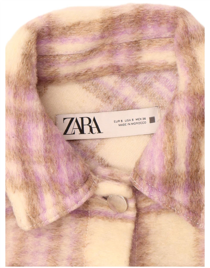 ZARA Womens Oversized Crop Bomber Jacket UK 10 Small Beige Check Polyester