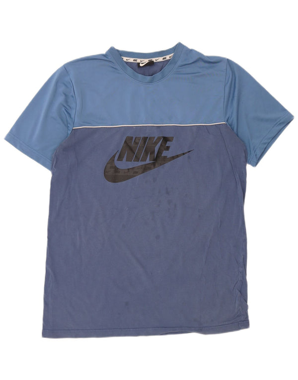 NIKE Mens Graphic T-Shirt Top Large Blue Colourblock Cotton