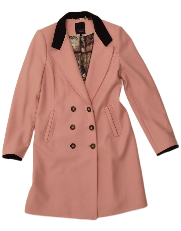 TED BAKER Womens Double Breasted Coat Size 3 Medium Pink Virgin Wool