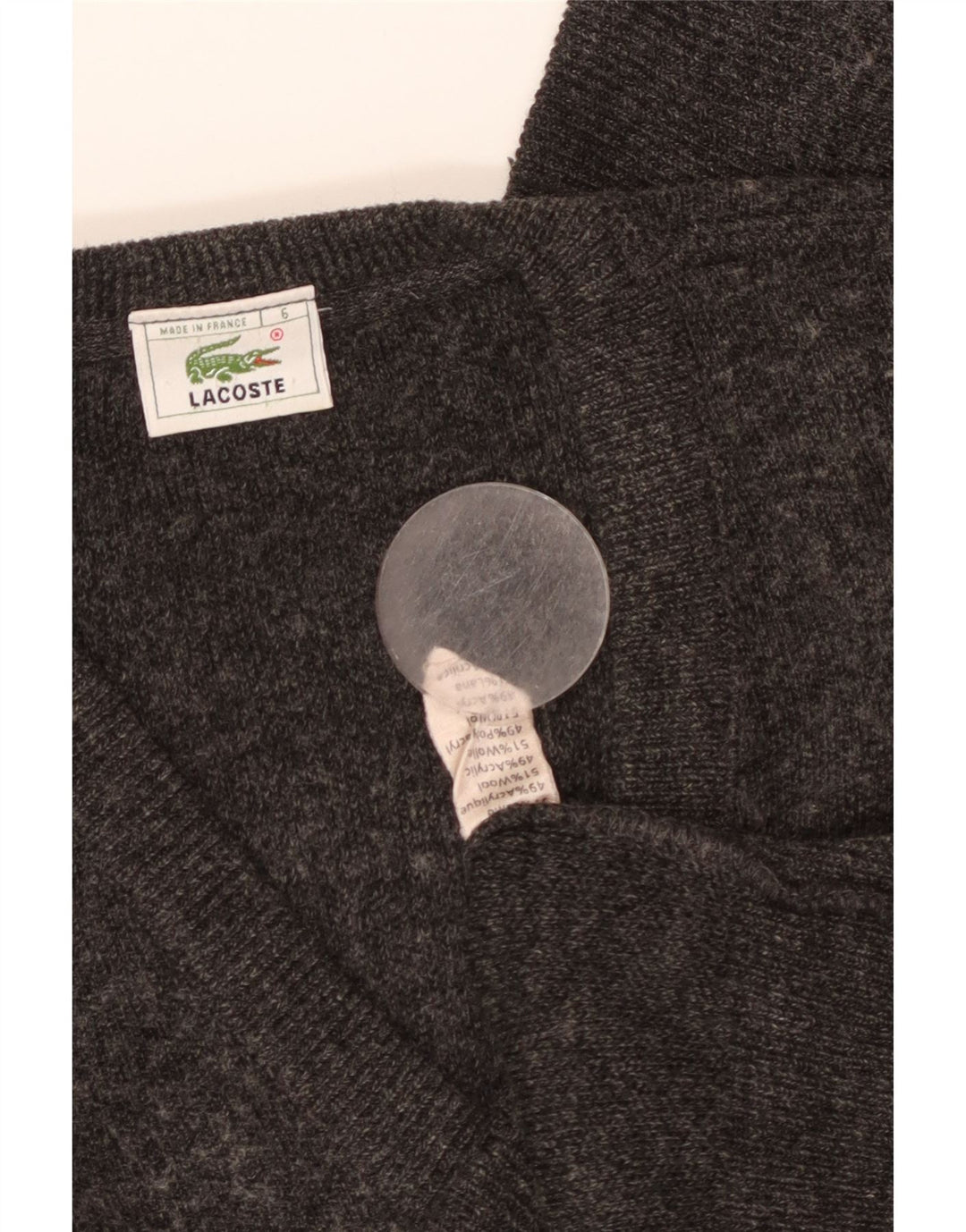 LACOSTE Mens V-Neck Jumper Sweater Size 6 XL Grey Wool