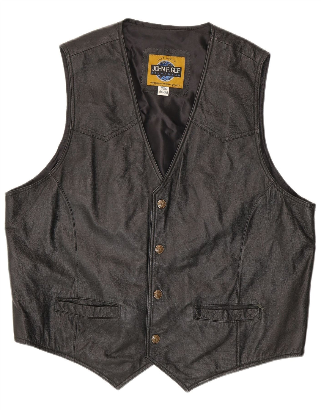 JOHN F GEE Mens Leather Waistcoat IT 56 2XL Black Leather