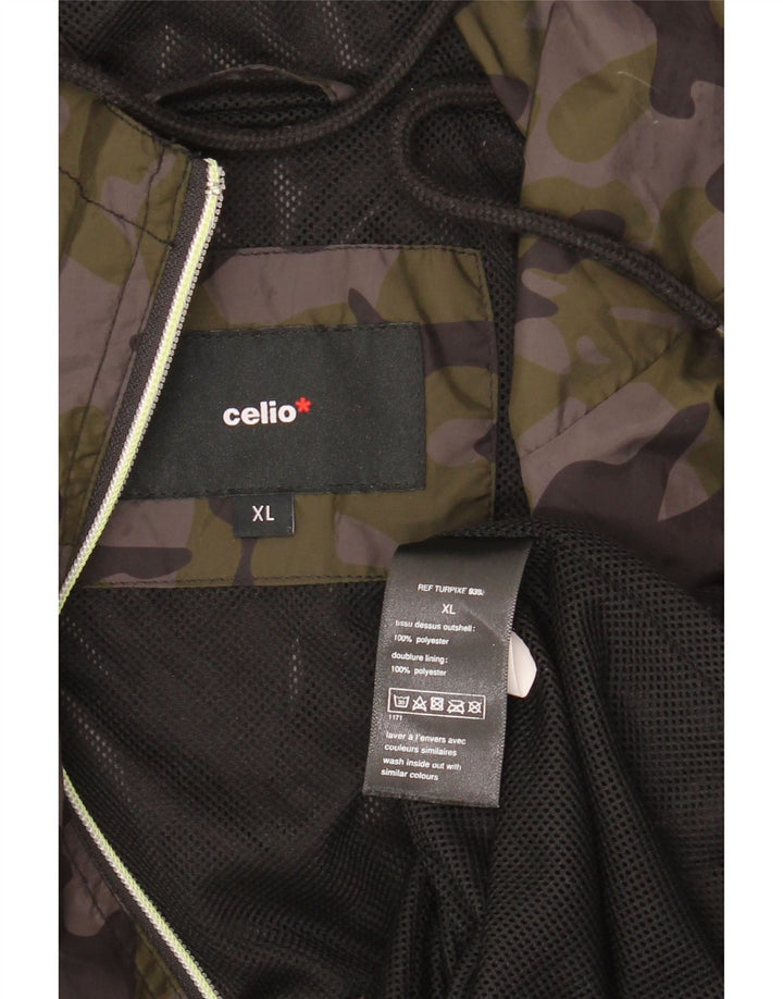 CELIO Mens Hooded Rain Jacket UK 42 XL Khaki Camouflage Polyester
