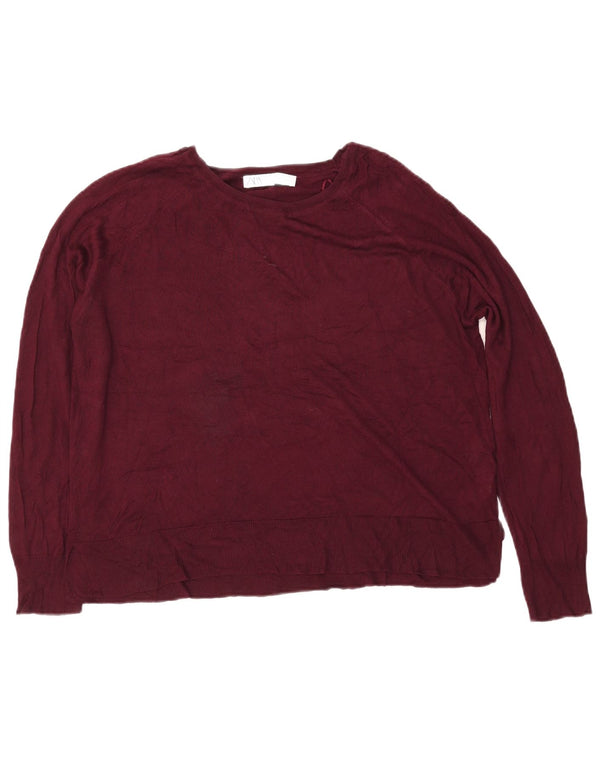 ZARA Womens Crop Boat Neck Jumper Sweater UK 16 Large Burgundy Viscose