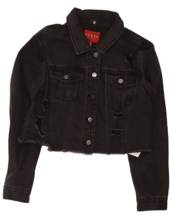 Guess Womens Distressed Crop Denim Jacket UK 12 Medium Black Cotton
