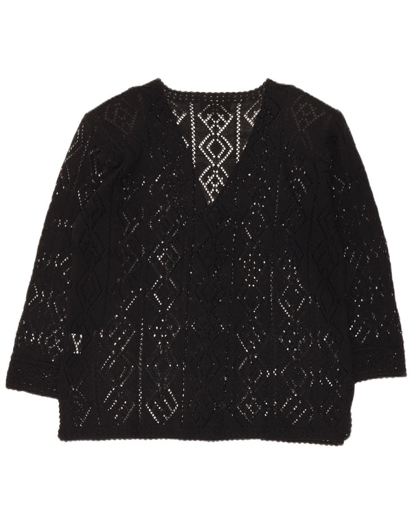 Vintage Womens 3/4 Sleeve Crochet Cardigan Sweater UK 16 Large Black Cotton
