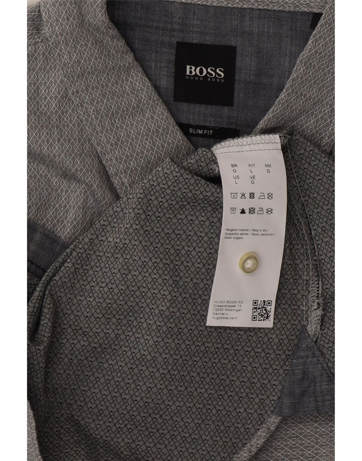 HUGO BOSS Mens Slim Fit Shirt Large Grey Geometric Cotton