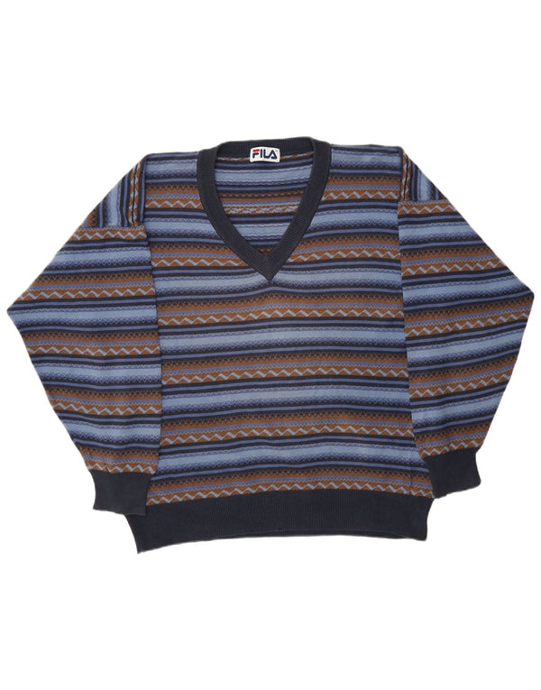 Fila Mens V-Neck Jumper Sweater Medium Blue Striped