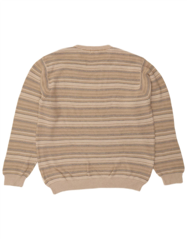 IZOD Mens Crew Neck Jumper Sweater Medium Beige Striped Cotton