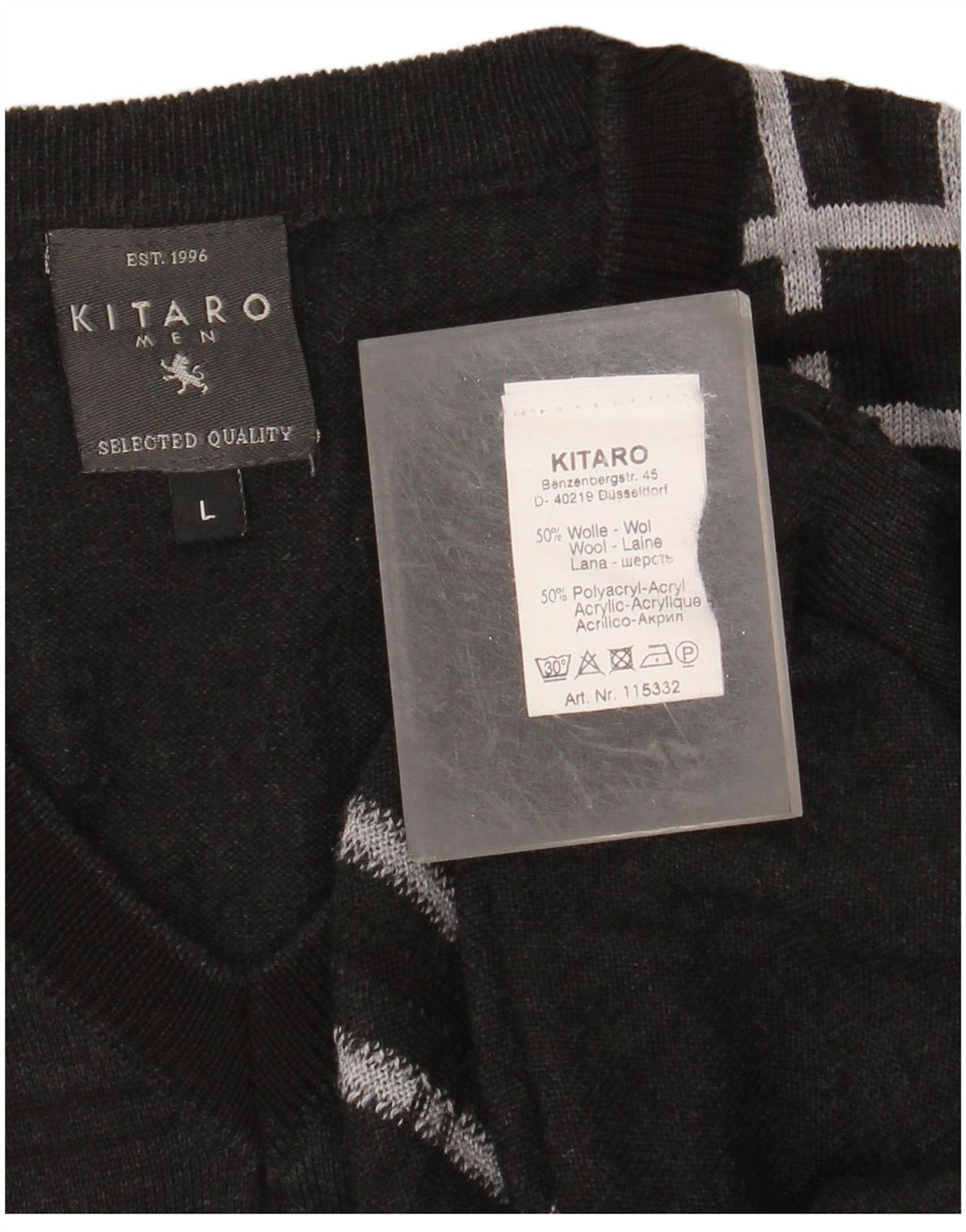 KITARO Mens V-Neck Jumper Sweater Large Grey Check Wool