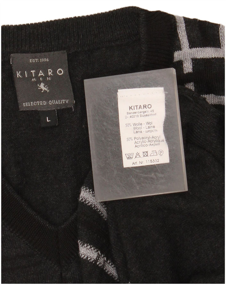 KITARO Mens V-Neck Jumper Sweater Large Grey Check Wool
