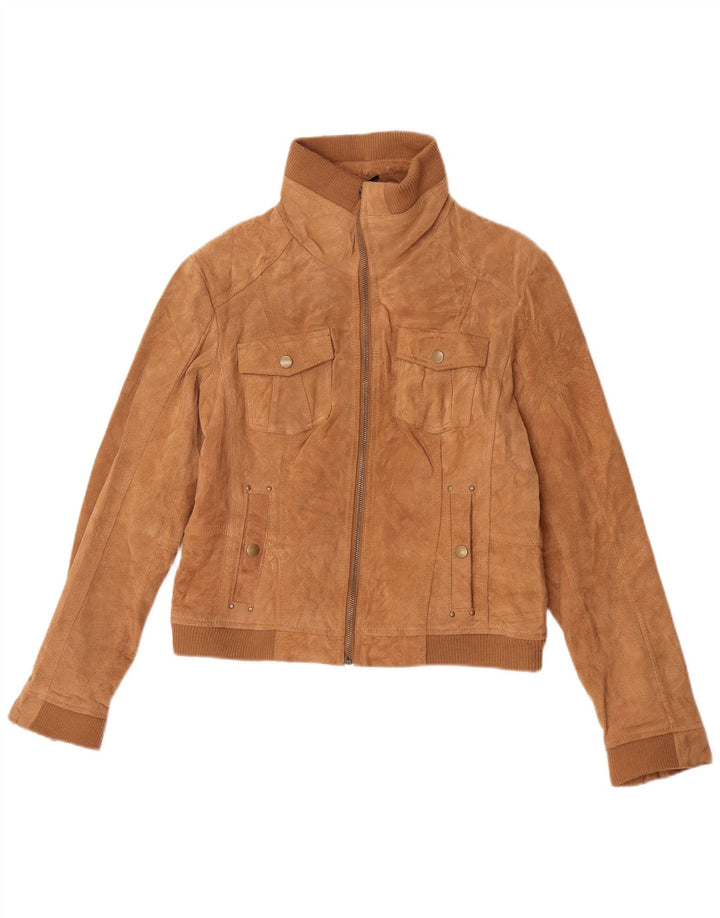 Vintage Womens Crop Suede Jacket UK 14 Large Beige Leather