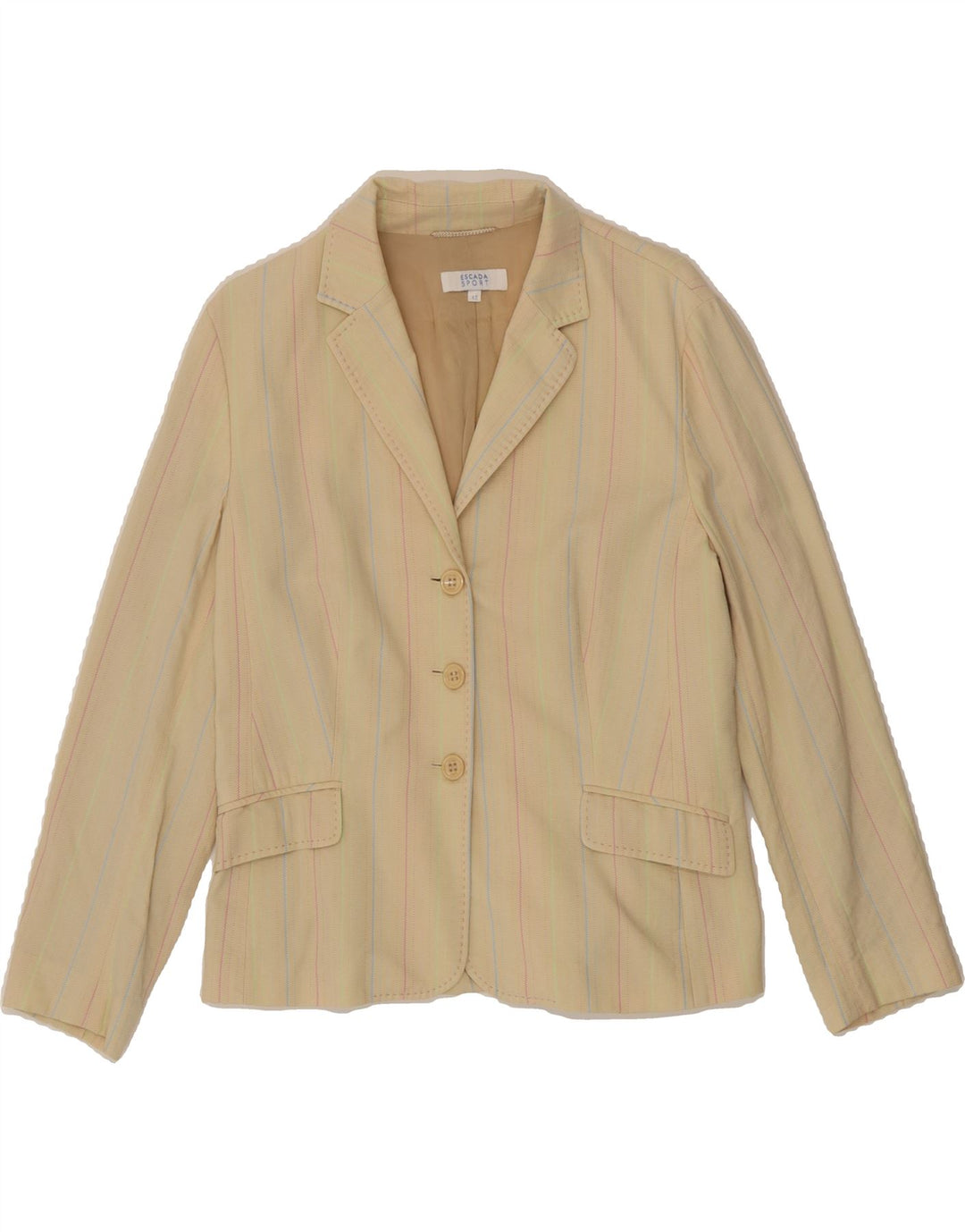 ESCADA Womens 3 Button 2 Piece Suit EU 42 Large W33 L29 Beige Striped Vintage Escada and Second-Hand Escada from Messina Hembry 