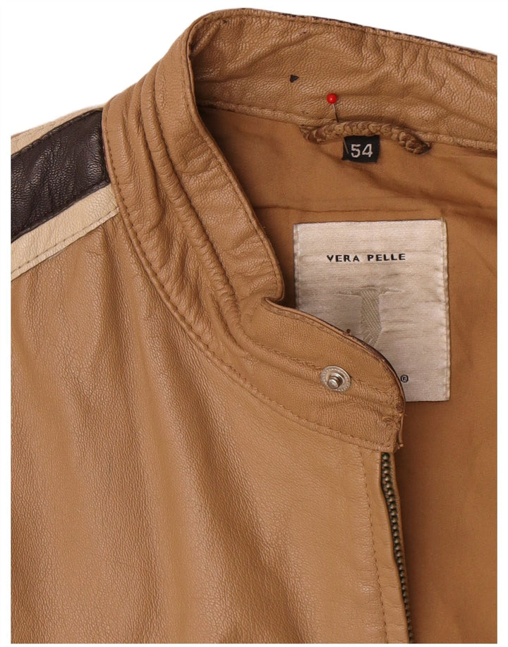 Vintage Mens Leather Jacket IT 54 XL Beige Colourblock Leather