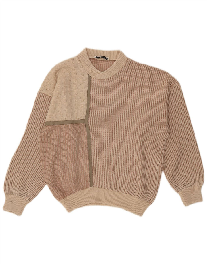 Oscar Forghieri Mens Crew Neck Jumper Sweater Medium Beige Striped Wool