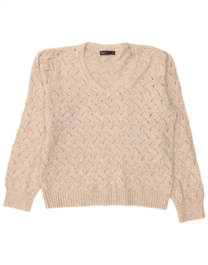 Marks & Spencer Womens Oversized V-Neck Jumper Sweater UK 14 Medium Beige