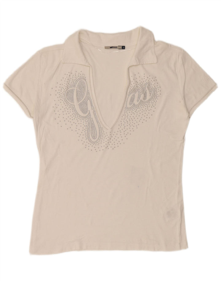 GAS Womens Graphic Polo Shirt UK 18 XL White Cotton