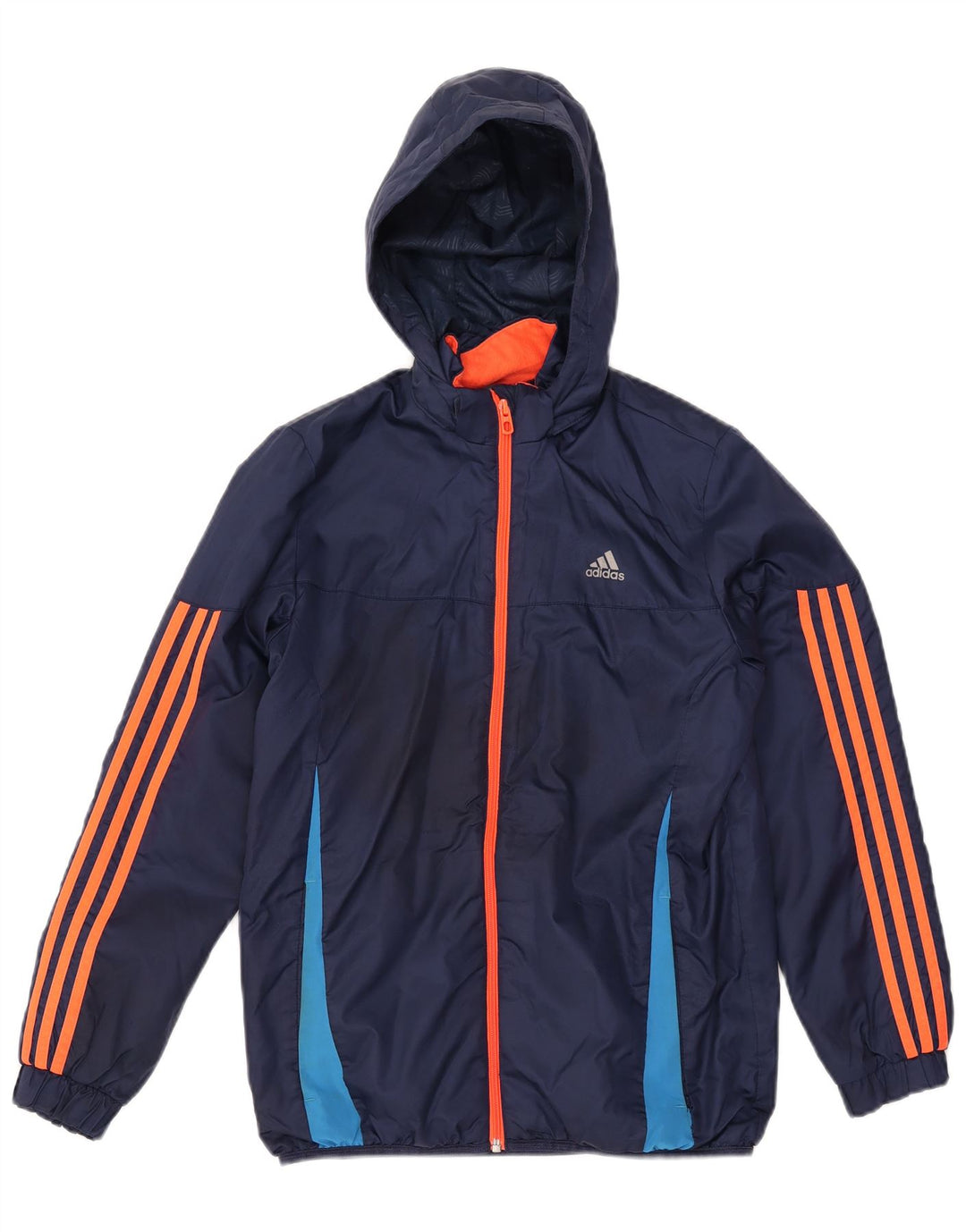 ADIDAS Girls Hooded Windbreaker Jacket 13-14 Years Navy Blue Colourblock